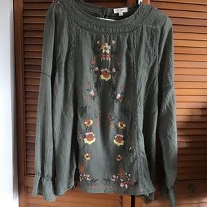 Umgee olive green beautiful embroidered peasant blouse